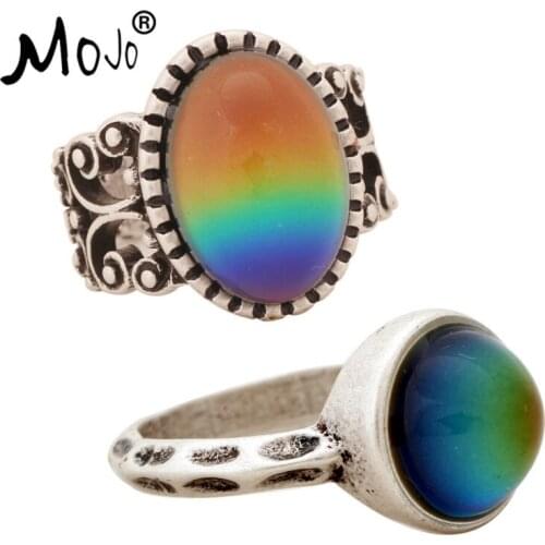 2PCS Antique Silver Plated Color Changing Mood Rings Changing Color Temperature Emotion Feeling Rings Set For Women/Men 003-002