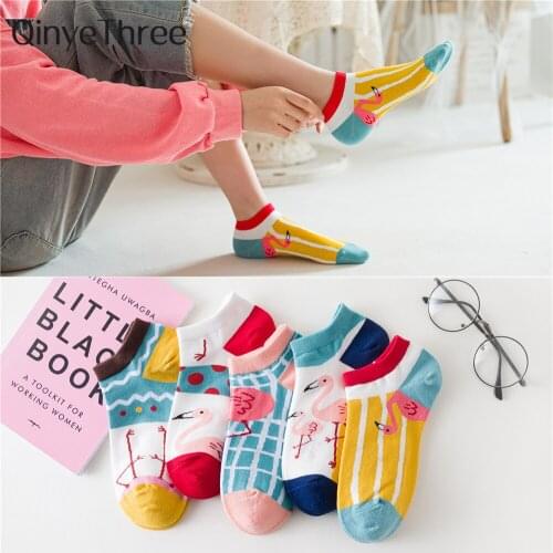 New Flamingo Patterned Short Ankle Socks Women Colorful Harajuku Funny Flamingo Preppy Style Striped Lattice Socks