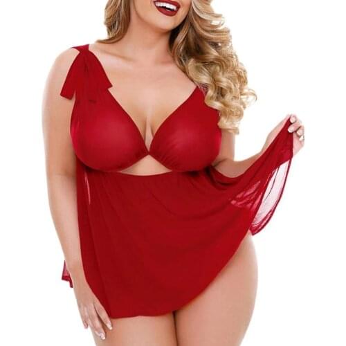 Woman Hollow Nightgowns Dresses with Panty 2021 New Women M-3XL Plus Size Sexy Nightwear Dress Red Lace Lingerie Sleepwear