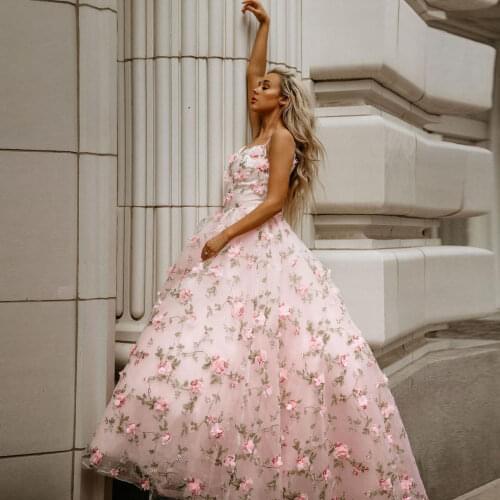 Bridal Pink 3D Flowers Tulle Ball Gowns Sexy Spaghetti Strap Floral Prom Party Dress Custom Made Sweet Prom Gowns Vestidos