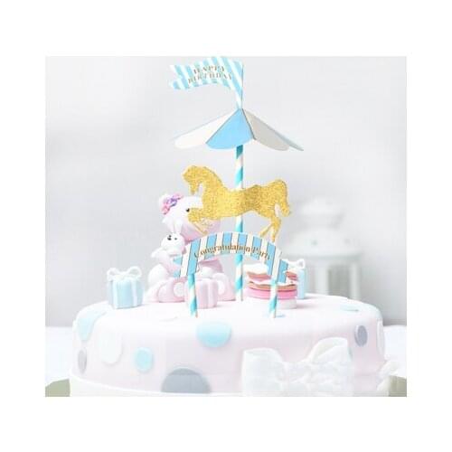 Pink Blue Merry-go-round Happy Birthday Party Paper cupcake cake topper cake accessories party supplies