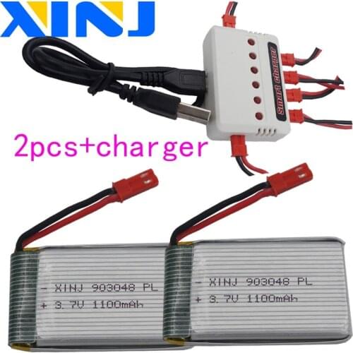 XINJ 2pcs+charger 3.7V 1100 mAh 25C for Syma X5S X5SW X5SC BC590 JJRC H11C H11D RC Drone JST plug 903048 Polymer Li-ion battery