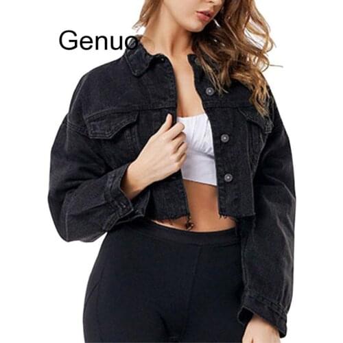 Jean Coat Black Drop Shoulder Long Sleeve Frayed Hem Ripped Crop Denim Jacket Women High Street Single Breasted 2020 New