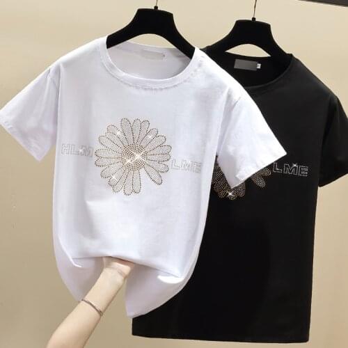 Gkfnmt Korean T shirt Women Clothes Diamond Cotton Short Sleeve New 2021 Casual White Female T-Shirt Summer Tops Black Tee Shirt