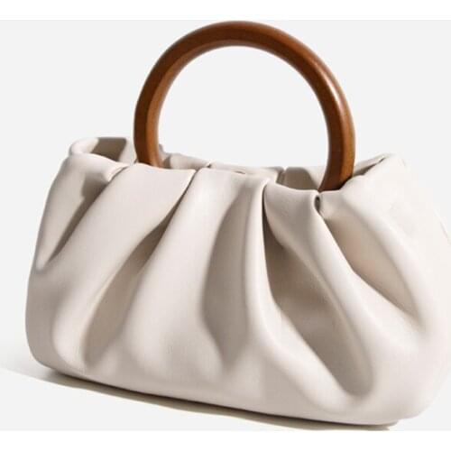 Retro Wooden Handle Women Day Clutch Pleated Cloud Bag Chain Messenger Bags Soft Leather Shoulder Underarm Bag Totes Handbag Sac
