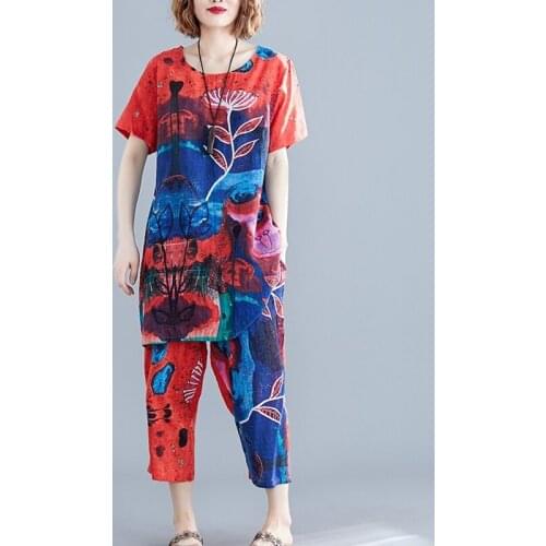 Women Traditional Chinese Style Top Clothing Cotton Linen Harem Pants Summer Plus Size High Waist Short Chinese Top Set 10509