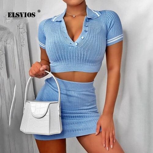 Summer New Fashion Short Sleeves Casual Solid Color Skirt Two Piece Set Sexy Polo Collar Slim Knitted Buttons Mini Skirts Suits