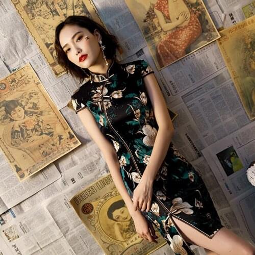 Sexy Split Women Qipao Black Flower Cheongsam Short Sleeve Formal Dress Female Slim Chinese Dress Novelty Party Dress S-3XL