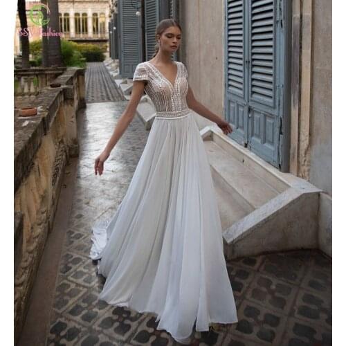SSYFashion New Evening Dress for Women Sexy V-neck Backless Short Sleeve Lace Sequins Beading Beach Formal Gown Vestido De Noche