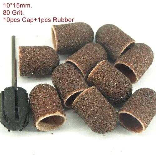10*15mm 10pcs Sanding Bands Block Caps + Rubber Mandrel Grip Manicure Pedicure Tools Electric Nail Drill Polishing Accessories