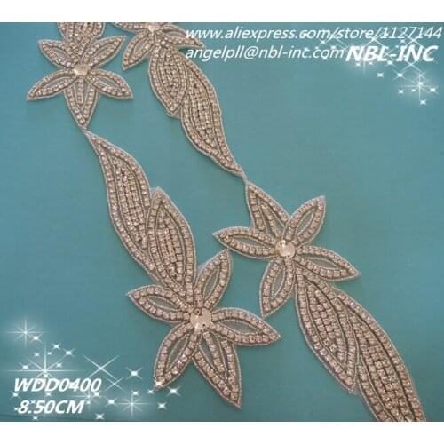 10 YARDS) Wholesale iron on bridal beaded applique silver clear rhinestone trim for wedding dress garment sash WDD0400
