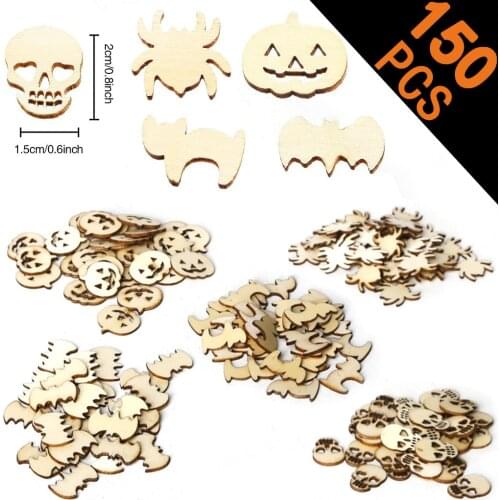 150Pcs Halloween Wooden Slices Unfinished Wood Cutouts Embellishment Skull Bat Pumpkin Slices Crafts Halloween Ornament Supplies
