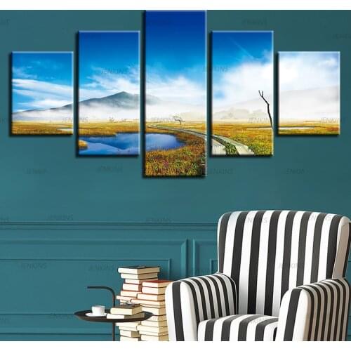 5 Pieces Landscape Blue Sky Vintage Road Cloud and Mountain River Wall Pictures Art Home Decor for Living Room Decor Gift Jenkin