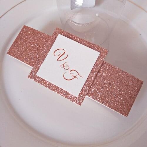 50pcs Elegant Printable Pink Gold Glitter Tag and Belt for Wedding, Square Glitter Customized Wrap for Invitations