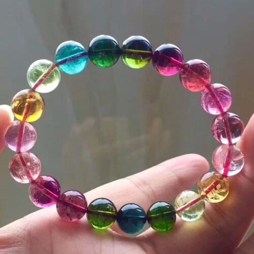 Genuine Natural Rainbow Colorful Tourmaline Bracelets Women Stretch 10.2mm Clear Crystal Round Beads Bracelet AAAAA Certificate