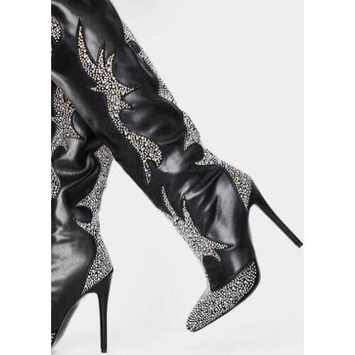 Dipsloot Hot Woman Fashion Black Rhinestone Drill Over The Knee Boots Lady Diamond Pointed Toe High Heel Thigh Boots Dance Shoes
