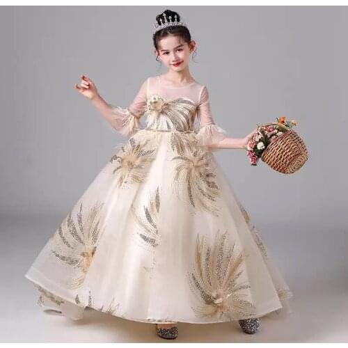 Flower Girl Dresses Appliques Sequined Short O-Neck Princess Floor-Length Tulle Lace Luxury Champagne Cute Kids Party Gown H534