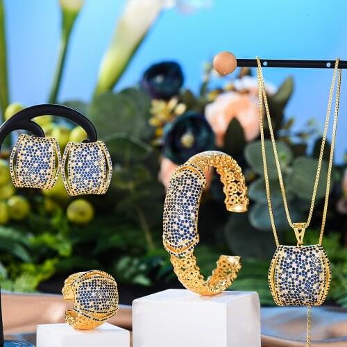 GODKI Luxury Hollow Lace 5PCS Bracelet Ring Earring Set For Women Wedding Bridal Zircon African/Indian/Dubai Bridal Jewelry Set