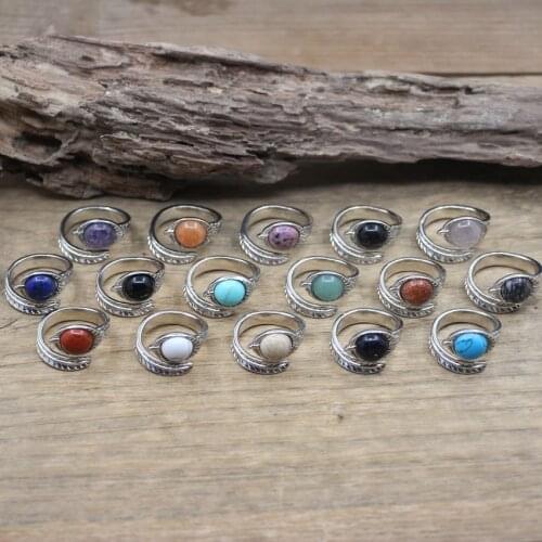 Carved Leaf Ntuaral Gems Stone Open Ring Reiki Healing Crystal Quartz Amethysts Lapis Round Adjustable Ring Women Jewelry,QC4063