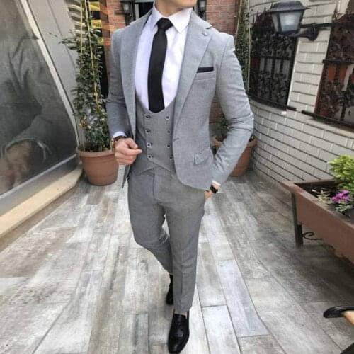 Gray Slim fit Men Suits for Groom Tuxedos 3 Piece Male Fashion Set Jacket with Pants Vest for Wedding Evening Prom