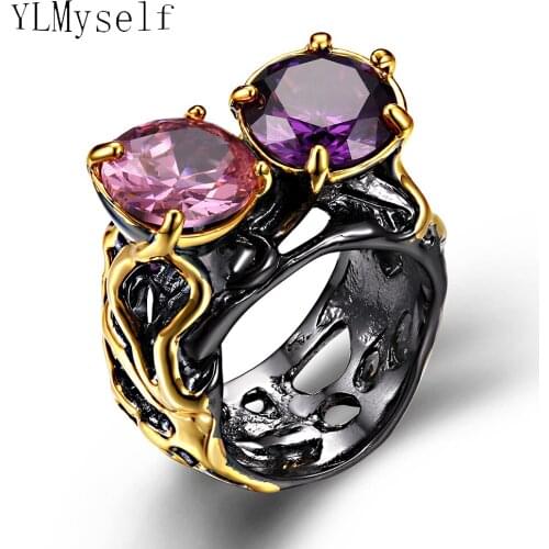 Trendy black rings with Pink and Purple cubic zirconia crystal Irregular design jewelry sobretudo feminino Finger ring for party