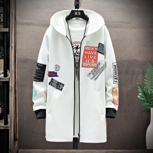 Fashion Printed Mens Trench Coat Streetwear Hooded Harajuku Windbreaker Slim Fit Ribbons Outwear