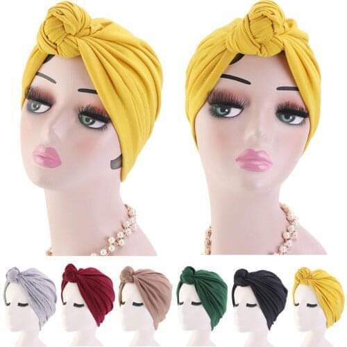 Fashion Women Pleated Turban Solid Color Hijab Hat Muslim Bonnet Chemo Cap Islamic Head Scarf Indian Hair Loss Cover Headwear