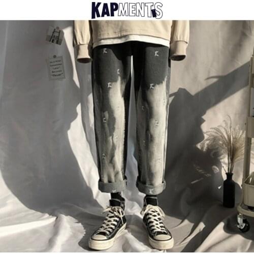 KAPMENTS Men Tie Dye Harem Pants Baggy Jeans 2020 Embroidery Mens Harajuku Korean Fashions Denim Pants Black High Waisted Jeans