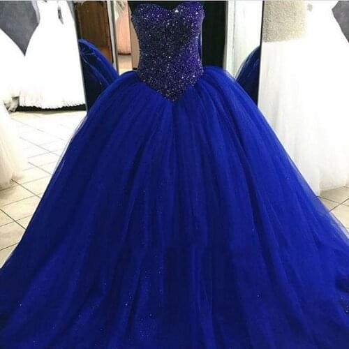 Cheap Royal Blue Puffy Tulle Ball Gown Quinceanera Dresses Bridal Gowns Sweetheart Crystal Beaded Plus Size sweet 16 dresses