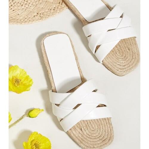 New Fashion Women Summer Slippers Ladies Square Toe Sandal Slipper Flip Flops Beach Weave Flat Shoes Female For Sanders Shoes