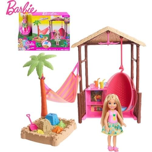 Original Barbie Chelsea Doll Tiki Hut Travel-Themed Playset Sand Toy Doll Accessories Girls Dolls House Toys for Children Boneca