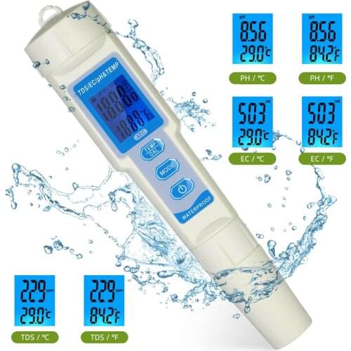 PH Meter 4 in 1 TDS/EC Temp PH Tester Calibration Powder Water Quality Monitor Conductivity TDS PPM Detector for Pool Aquarium