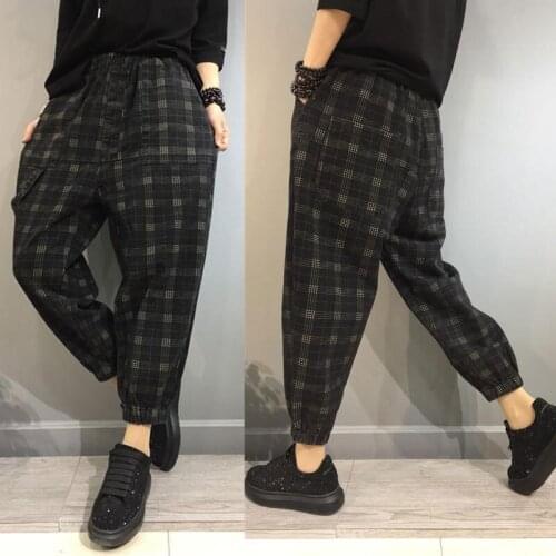 Casual Pants Vintage Plaid Cotton Harem Pants Plus Size Spring Autumn New Arts Style Women Elastic Waist Loose