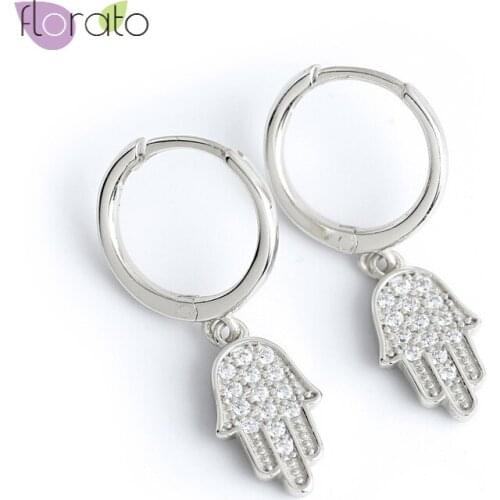 High-Quality 925 Sterling Silver Ear Buckle Hand of Hamsa Hoop Earrings for Women Minimalist CZ Earrings Female Jewelry