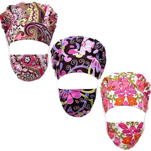 Flower Printed Scrub Caps Face Cover Sets Adjustable Cotton Sweatband Bouffant Hats Nursing Cap Beauty Salon Laboratory Workwear