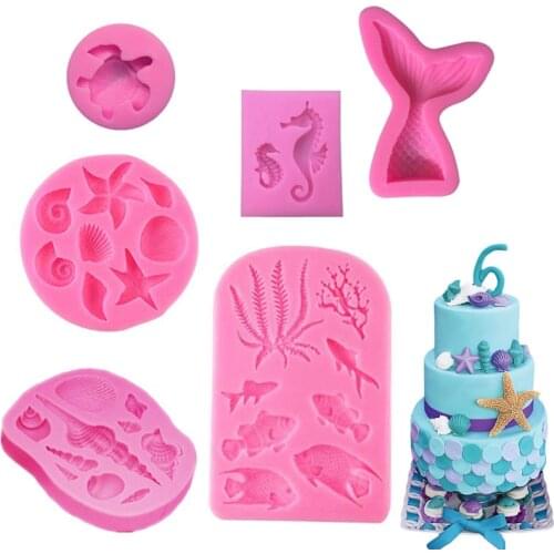 6Pcs Set Marine Theme Fondant Silicone Mold(Seashell,Mermaid Tail,Seaweed,Coral,Seahorse,Sea Turtle, DIY Handmade Baking Tool