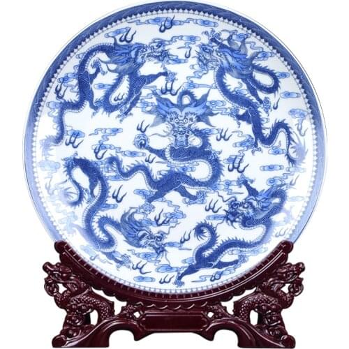 Blue and White Art Ceramic Ornamental Plate Ancient China Five Dragons Decoration Wood Base Porcelain Traditional Chinese Plate