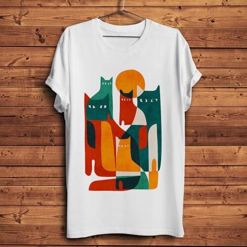 Vintage mid century style quirky whimsical cat funny t shirt men new white casual homme cool streetwear t-shirt unisex