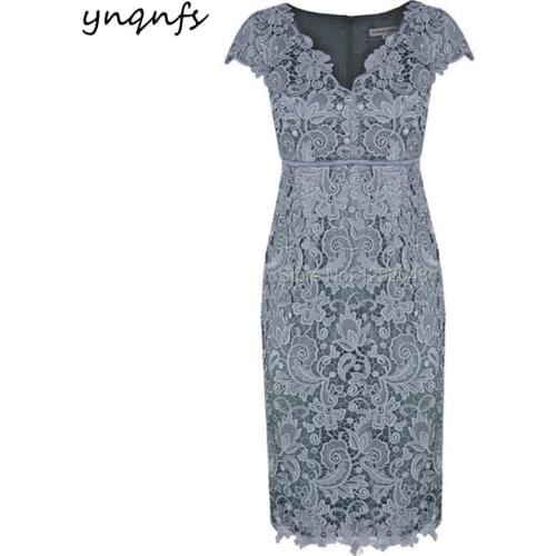 YNQNFS MD405 V Neck Party Formal Dress Vintage Tea Length Wedding Guest Wear Mother of Bride Dresses Lace Outfits Gray 2019