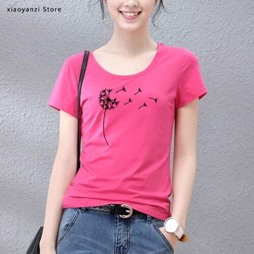 Lus Los Wildflower Dandelion printed women T-shirt O neck Short sleeve Cotton tshirt Casual summer Female girl Tee Top