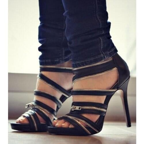 Drop Shipping Sexy Summer Women Black Orange Gold Zip Chains Zip Back Open Toe Bands Stiletto Heels Party Sandals Shoes Lady