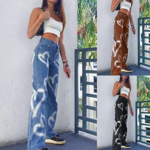 Heart Printed Y2K High Waist Jeans Women Casual Straight Long Trousers Vintage Denim Pants Capris Skinny