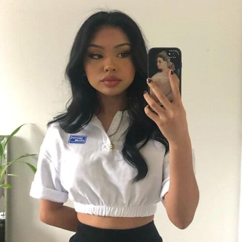 Women Fashion Letter Embroidery Tops Stylish Short Sleeve Lapel Turn-down Collar Crop Top for Ladies Female