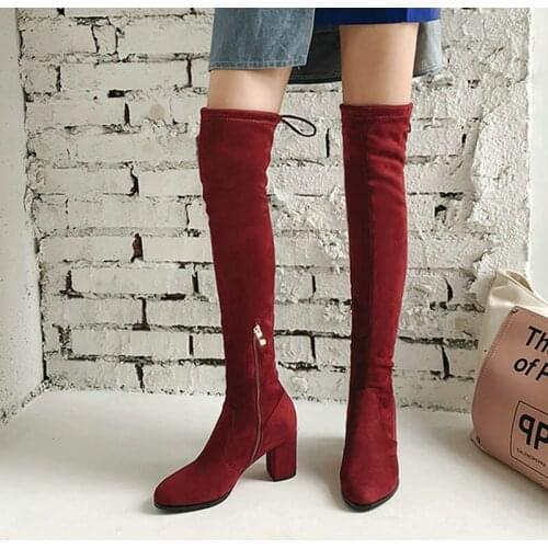 Women Winter Thigh High Boots Fashion Suede Stretch Round Toe Ladies Over the Knee Boots Black Leopard Print Women Long Boots