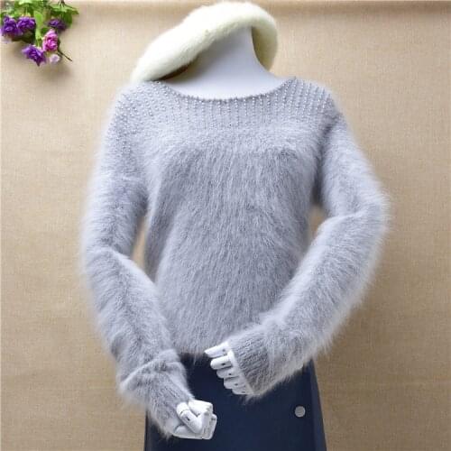 Female women vintage hairy fluffy beaded mink cashmere slim bottoming pullover angora rabbit fur winter jumper sweater tops pull