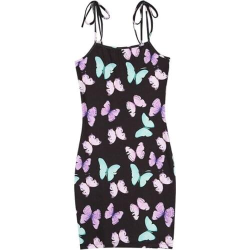 Women Fashion Sleeveless Sling Dress Butterfly Printed Bag Hip Lace Up Dress (S/M/L)