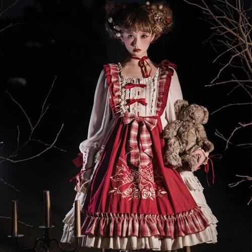 Palace JSK Dress Lolita Girls Vintage Sleeveless Ruffles Bows Little Red Riding Hood Party Cosplay Costumes Cloak/Shirt Women