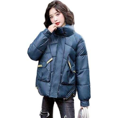 Women Winter Glossy Stand Collar Big Pocket Short Windproof Coat Lady Puffer Jacket Cotton Padded Parkas Outwear Overcoat