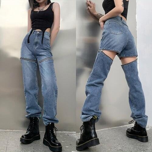 2021 Fashion Jeans Women Korean Straight Jeans Personality Solid Color Zipper Stitching High-waist Denim Pants 2021