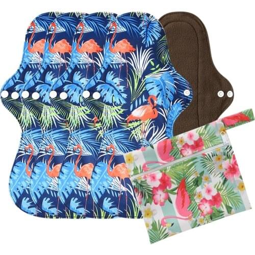 5pc Washable Heavy Flow Night Feminine Hygiene Cloth Menstrual Pads Sanitary Pad with Bamboo Charcoal Inner With 1 Cloth Wet Bag